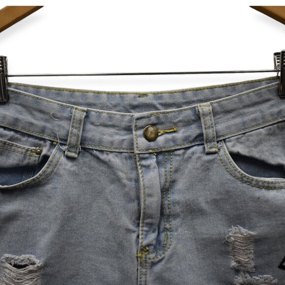High Rise Shorts M Womens Denim Light Wash Distressed Cutoff Patchwork - Picture 2 of 7